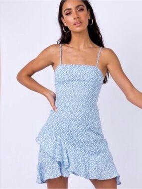 Princess Polly Grasby Mini Dress features a blue and white floral print size 12